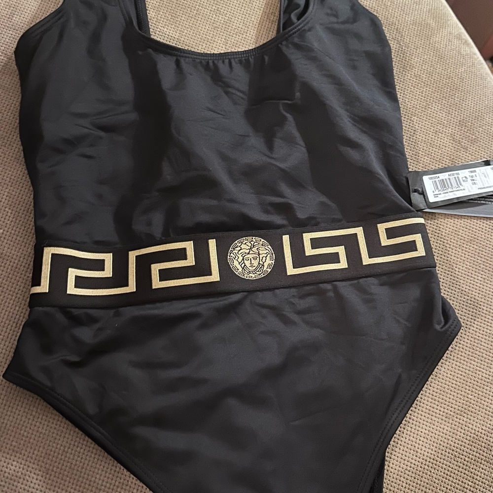Versace Black and Gold One Piece Swimsuit with Greek Key Design